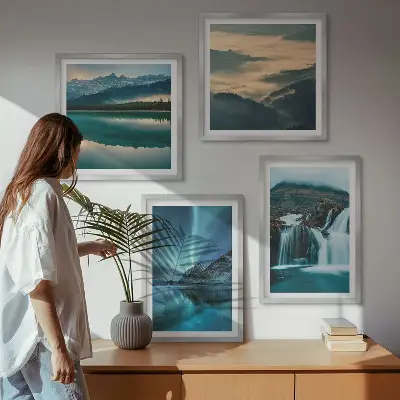 Set of 4 wall art pieces winter landscapes featuring waterfalls and aurora