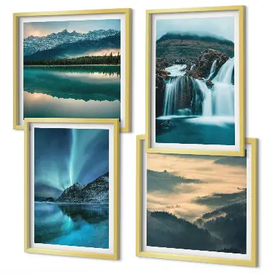 Set of 4 wall art pieces winter landscapes featuring waterfalls and aurora