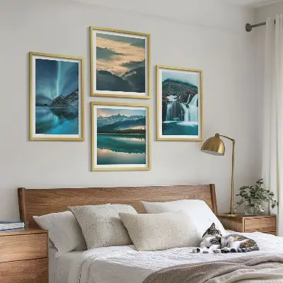 Set of 4 wall art pieces winter landscapes featuring waterfalls and aurora