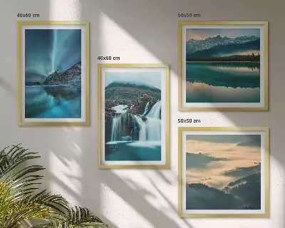 Set of 4 wall art pieces winter landscapes featuring waterfalls and aurora
