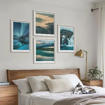 Set of 4 wall art pieces winter landscapes featuring waterfalls and aurora