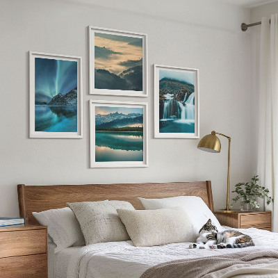 Set of 4 wall art pieces Winter landscapes waterfalls aurora