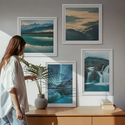 Set of 4 wall art pieces winter landscapes featuring waterfalls and aurora