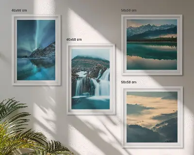 Set of 4 wall art pieces winter landscapes featuring waterfalls and aurora