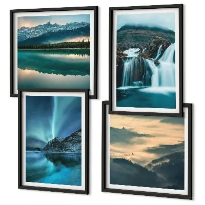 Set of 4 wall art pieces winter landscapes featuring waterfalls and aurora