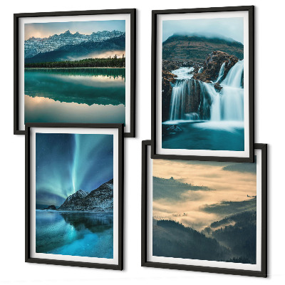 Set of 4 wall art pieces Winter landscapes waterfalls aurora