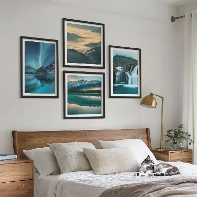 Set of 4 wall art pieces winter landscapes featuring waterfalls and aurora
