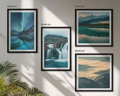 Set of 4 wall art pieces winter landscapes featuring waterfalls and aurora