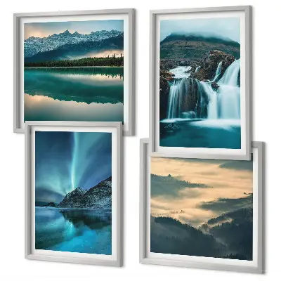 Set of 4 wall art pieces winter landscapes featuring waterfalls and aurora
