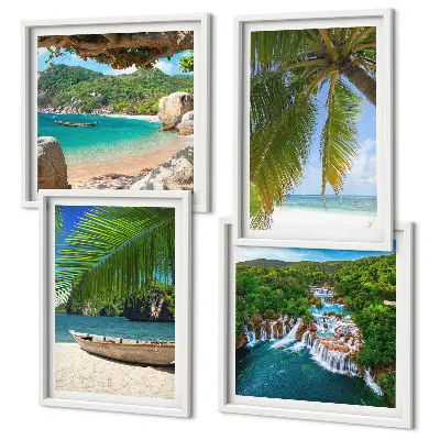 Multi-piece landscape wall art set featuring beach, boat, waterfall, and palm tree scenery