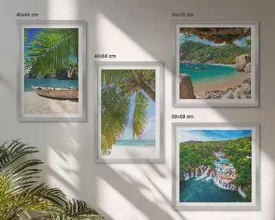 Multi-piece landscape wall art set featuring beach, boat, waterfall, and palm tree scenery