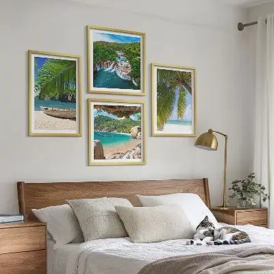 Multi-piece landscape wall art set featuring beach, boat, waterfall, and palm tree scenery