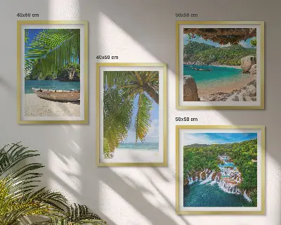 Multi-piece landscape wall art set featuring beach, boat, waterfall, and palm tree scenery