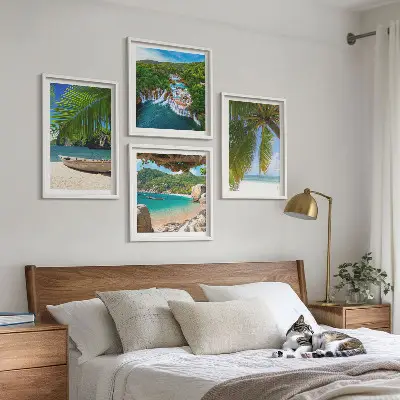 Multi-piece landscape wall art set featuring beach, boat, waterfall, and palm tree scenery