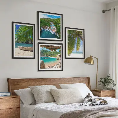 Multi-piece landscape wall art set featuring beach, boat, waterfall, and palm tree scenery