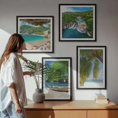 Multi-piece landscape wall art set featuring beach, boat, waterfall, and palm tree scenery