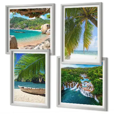 Multi-piece landscape wall art set featuring beach, boat, waterfall, and palm tree scenery