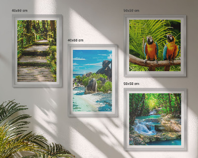 Set of 4 wall art pieces Tropical forest parrot waterfall