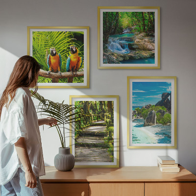 Set of 4 wall art pieces Tropical forest parrot waterfall