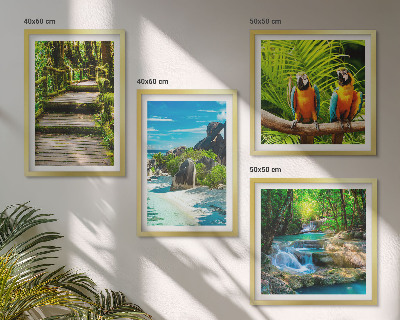 Set of 4 wall art pieces Tropical forest parrot waterfall