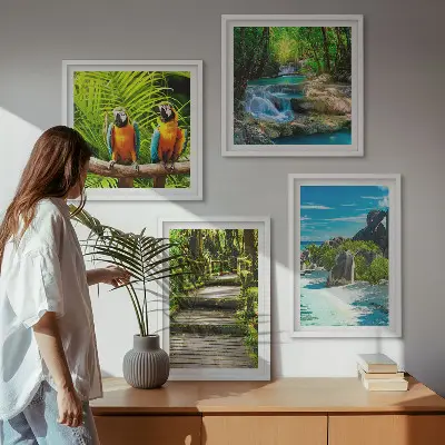 Tropical forest parrot waterfall wall art set of 4 pieces
