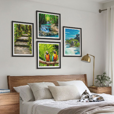Set of 4 wall art pieces Tropical forest parrot waterfall