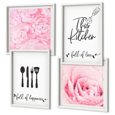 Set of 4 wall art pieces Kitchen delicate rose flowers