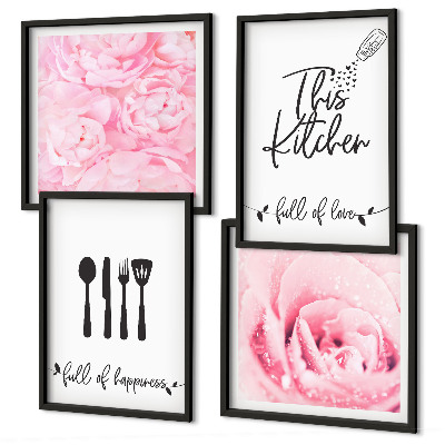Set of 4 wall art pieces Kitchen delicate rose flowers