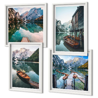 Wall art set Lake, mountains, boats, cottage