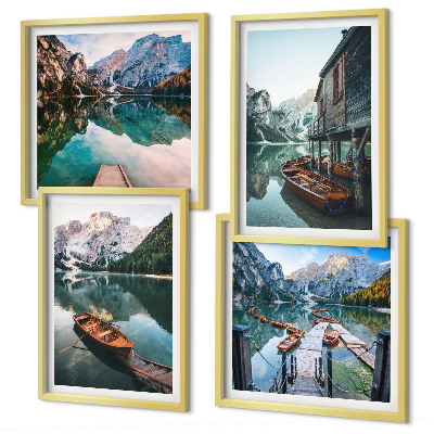 Wall art set Lake, mountains, boats, cottage