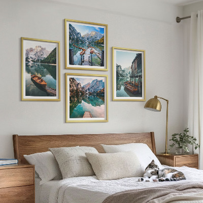 Wall art set Lake, mountains, boats, cottage