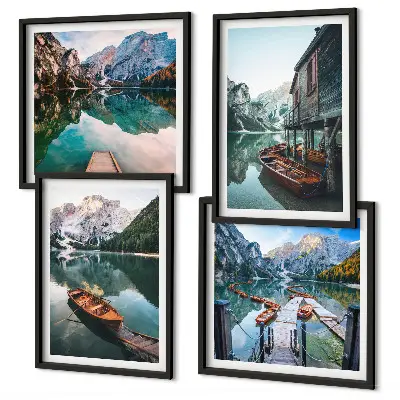Wall art set featuring a lake with mountains, boats, and a cottage