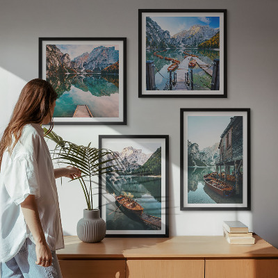 Wall art set Lake, mountains, boats, cottage