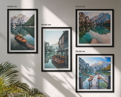 Wall art set Lake, mountains, boats, cottage