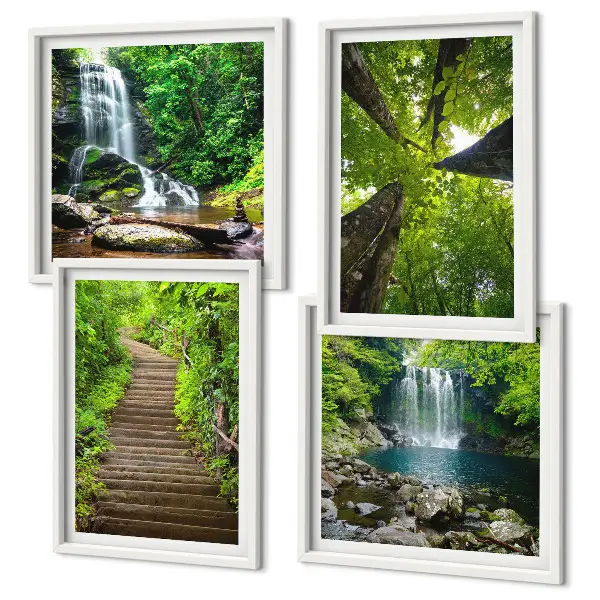 Wall art set featuring a path through a forest with waterfall and vegetation