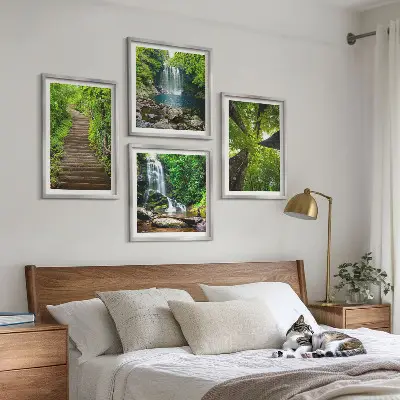Wall art set featuring a path through a forest with waterfall and vegetation