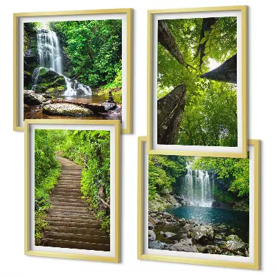 Wall art set featuring a path through a forest with waterfall and vegetation