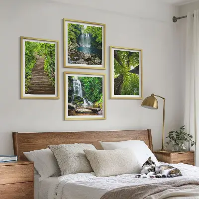 Wall art set featuring a path through a forest with waterfall and vegetation
