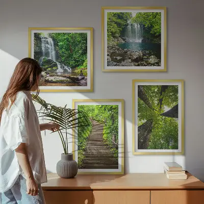 Wall art set featuring a path through a forest with waterfall and vegetation