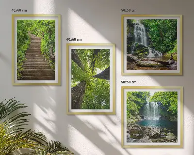 Wall art set featuring a path through a forest with waterfall and vegetation
