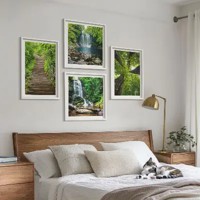 Wall art set featuring a path through a forest with waterfall and vegetation