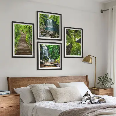 Wall art set featuring a path through a forest with waterfall and vegetation