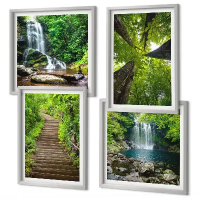 Wall art set featuring a path through a forest with waterfall and vegetation