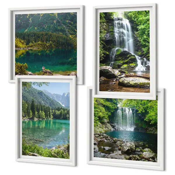 Set of 4 wall art pieces featuring waterfalls in green surroundings
