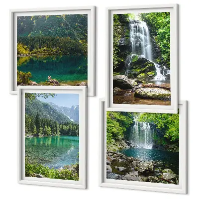 Set of 4 wall art pieces featuring waterfalls in green surroundings