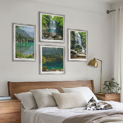 Set of 4 wall art pieces Waterfalls in green surroundings