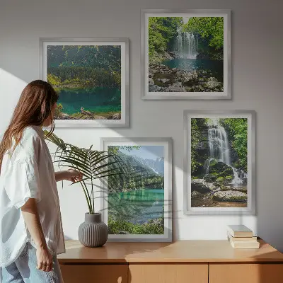 Set of 4 wall art pieces featuring waterfalls in green surroundings