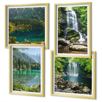 Set of 4 wall art pieces featuring waterfalls in green surroundings