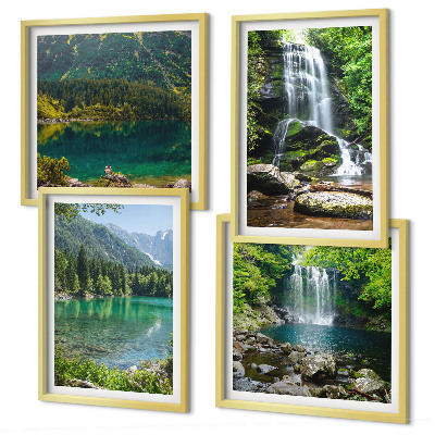 Set of 4 wall art pieces Waterfalls in green surroundings