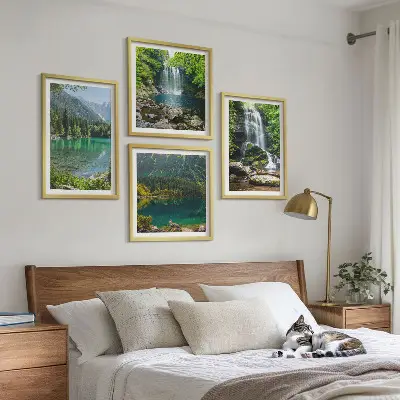 Set of 4 wall art pieces featuring waterfalls in green surroundings